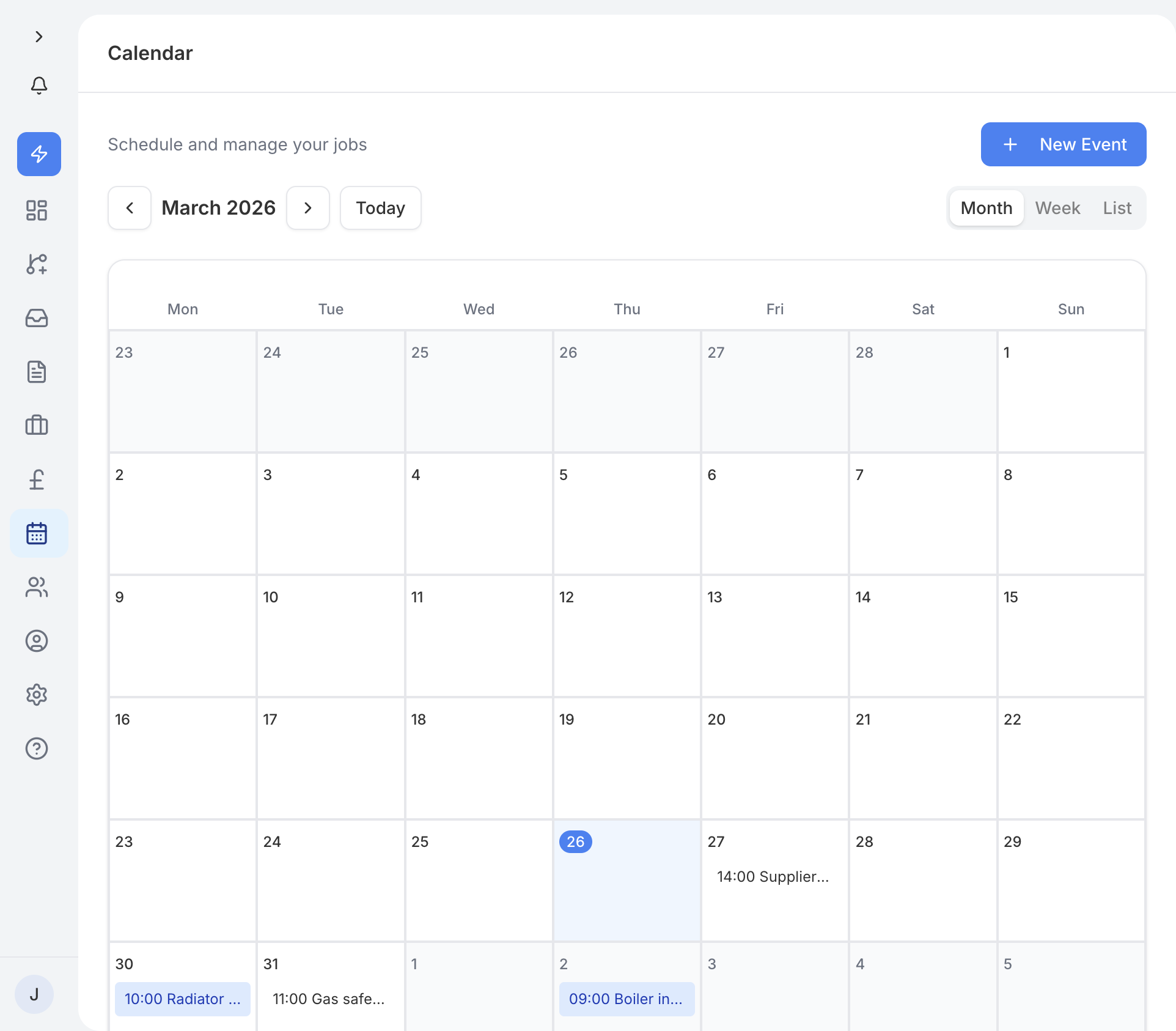 The Calendar showing scheduled jobs and events