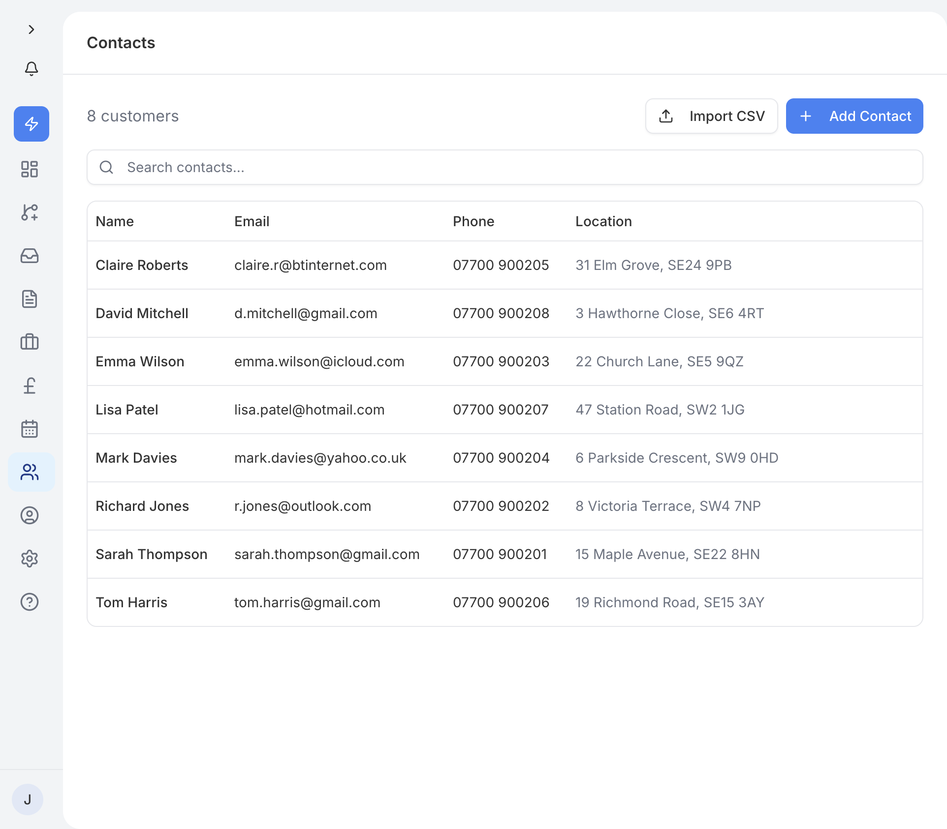The Contacts page showing your customer list