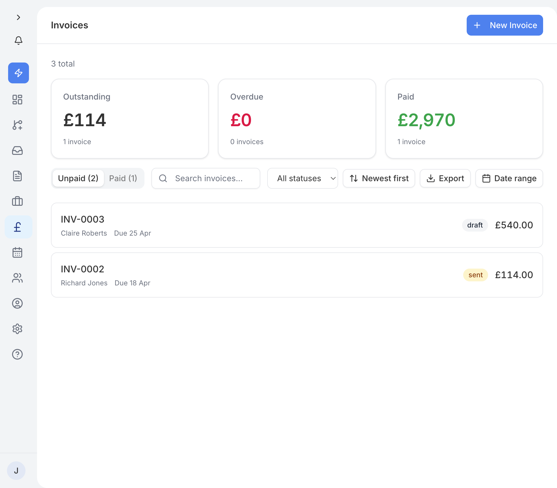 The Invoices page showing unpaid and paid invoices