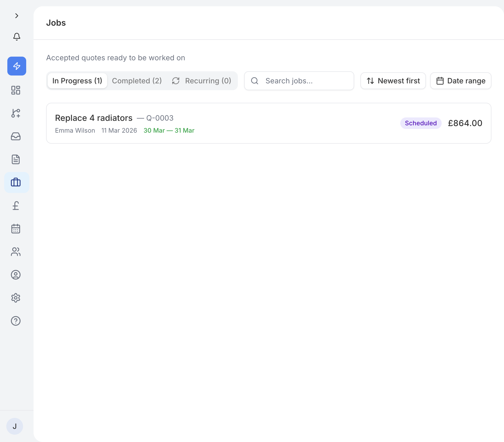 The Jobs page showing work in progress and completed jobs