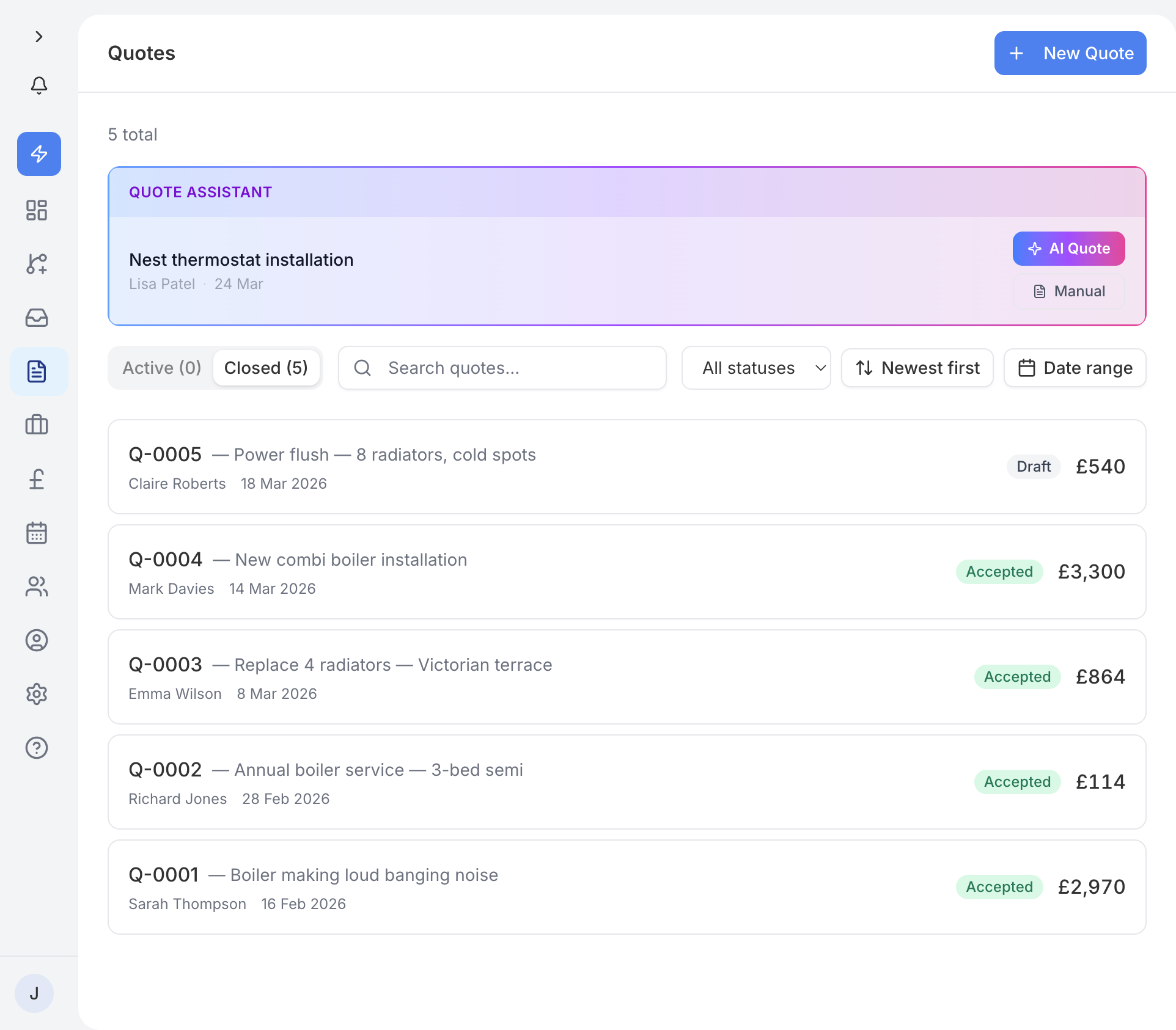 The Quotes page showing active and sent quotes