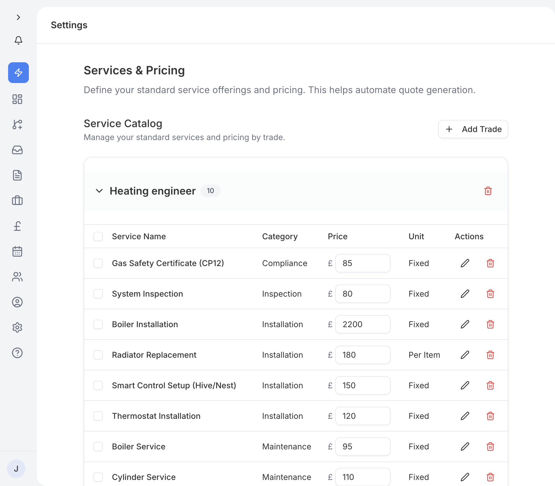 The Services and Pricing settings page