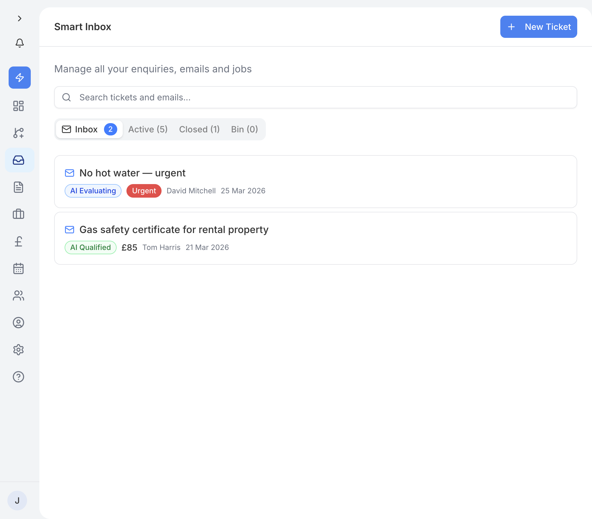 The Smart Inbox showing customer enquiries organised by status